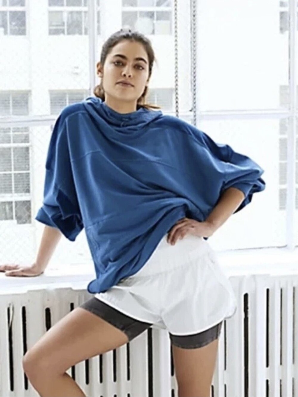 Free People Movement Latitude Oversized Velour Hoodie Tie Cord Hem Blue Medium
